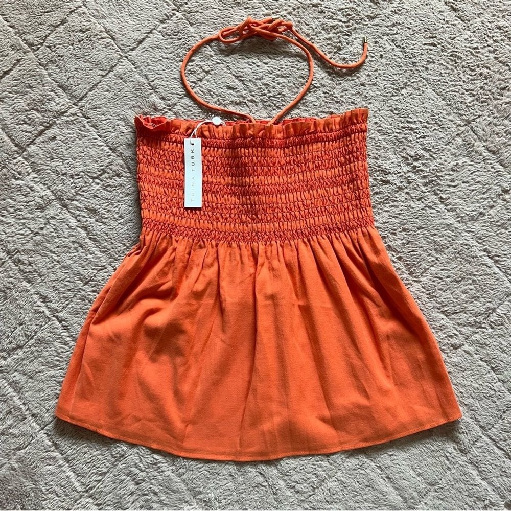 NWT Trina Turk Cotton Blend Smocked Halter Top Preppy Minimalist Cottage Size S
